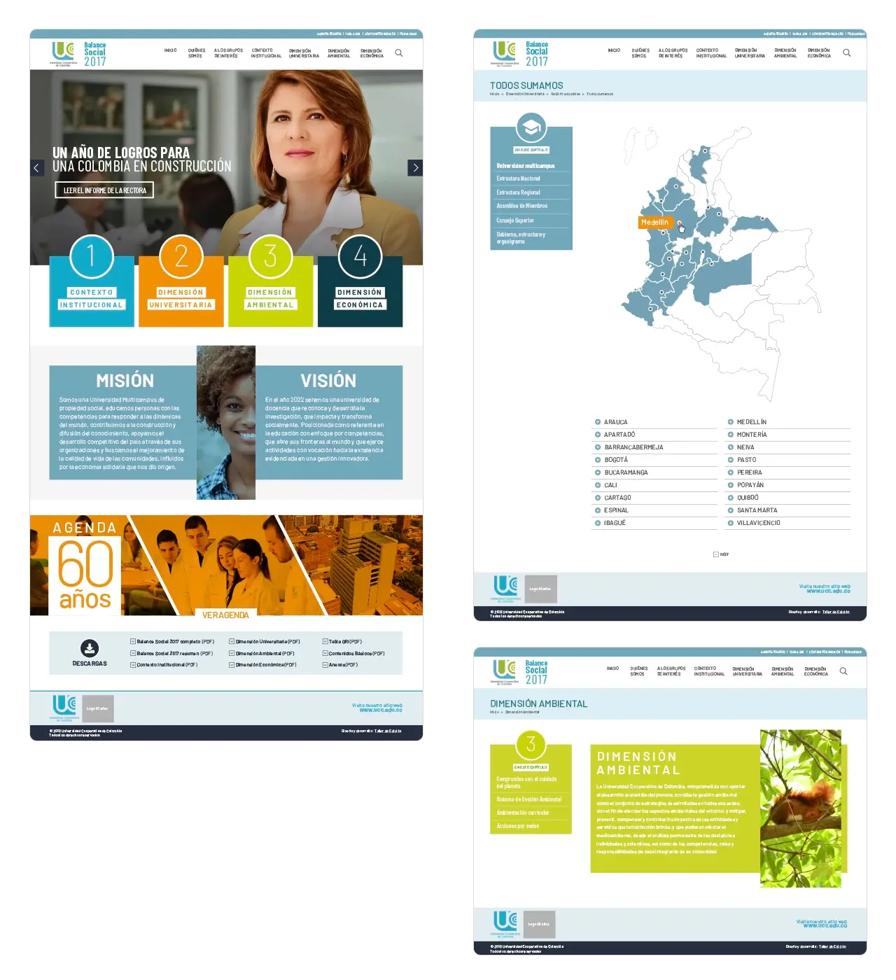 UCC Balance Social 2017: página de inicio (Home), mapa multicampus y Dimensión Ambiental.