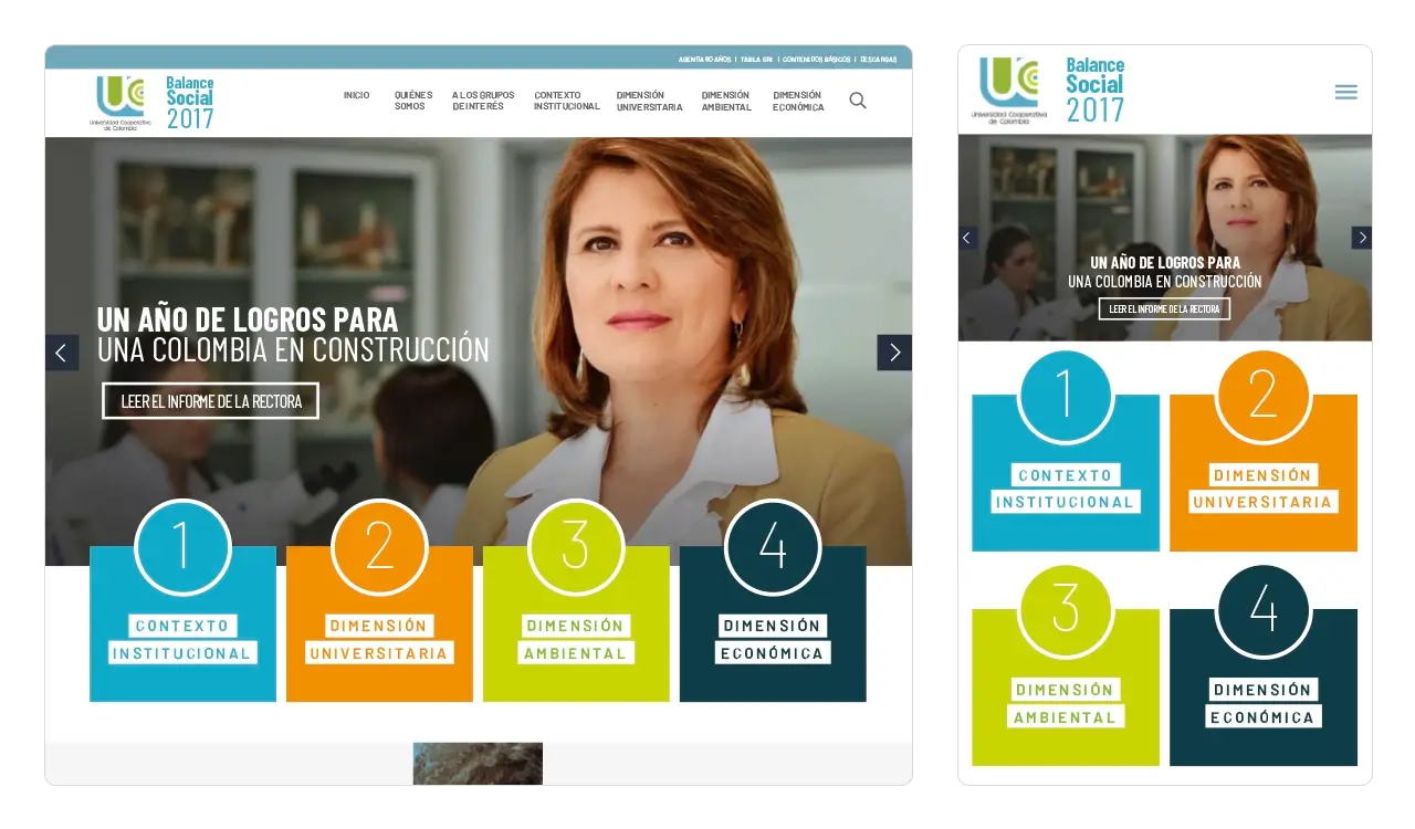 UCC Balance Social 2017: página de inicio con diseño adaptativo (desktop y móvil).