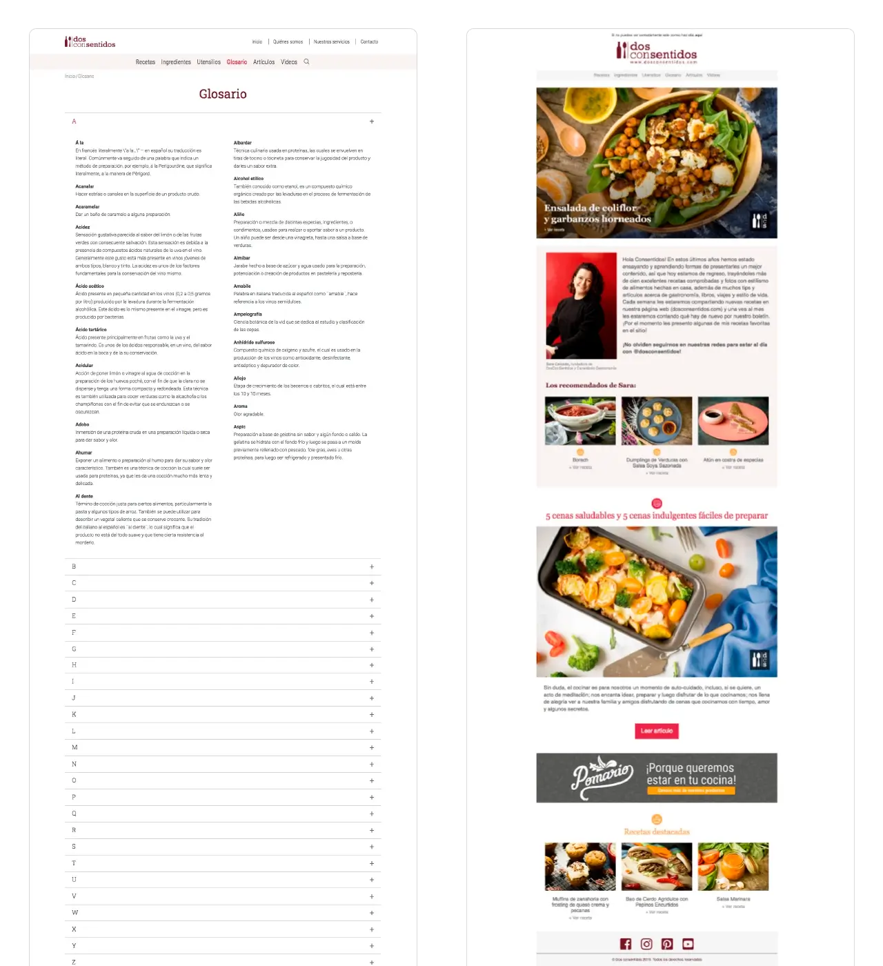Dos con Sentidos blog: página de glosario culinario y newsletter de recetas destacadas.