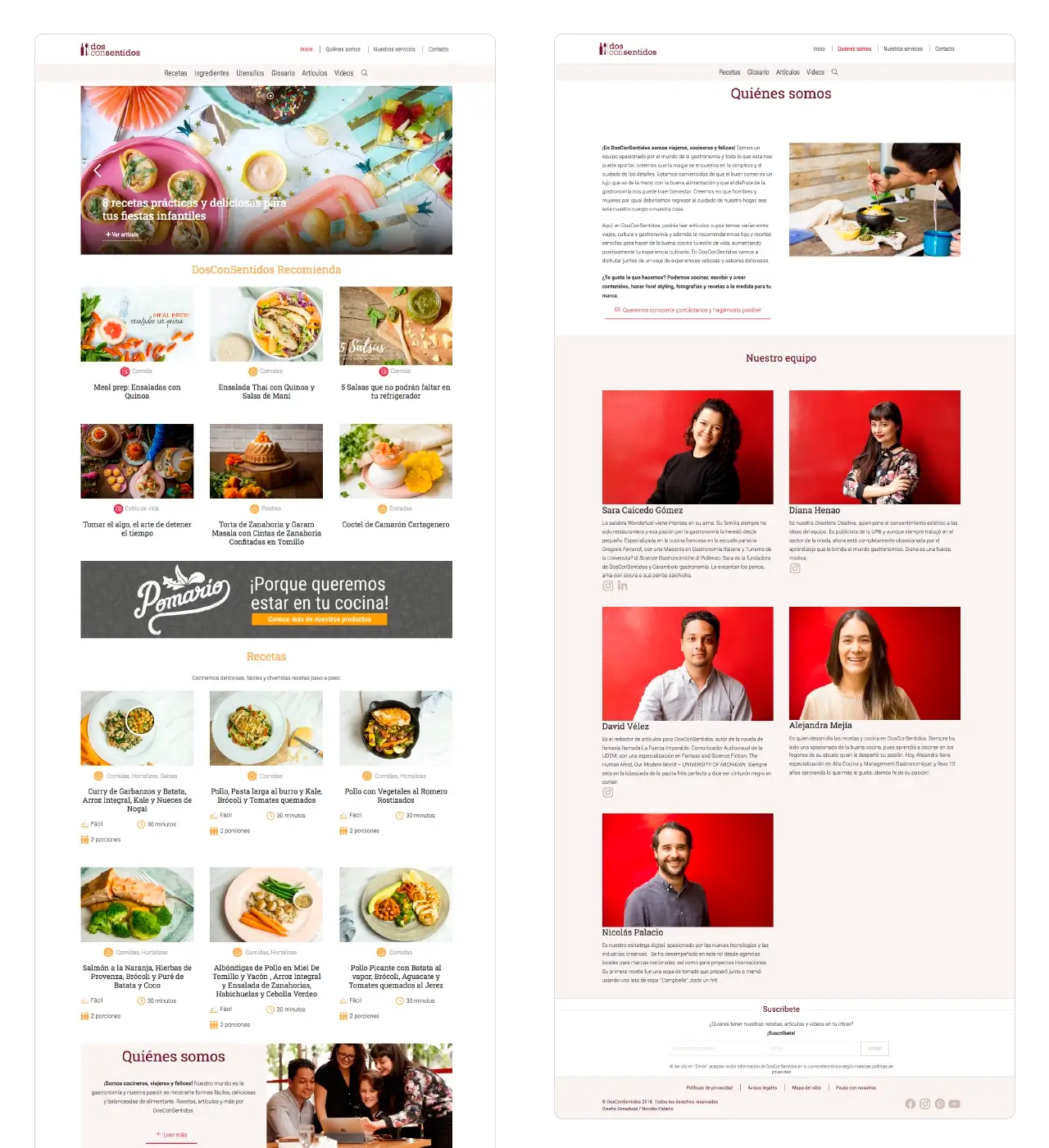 Dos con Sentidos blog: página de inicio (Home) con recetas destacadas y página Sobre Nosotros.