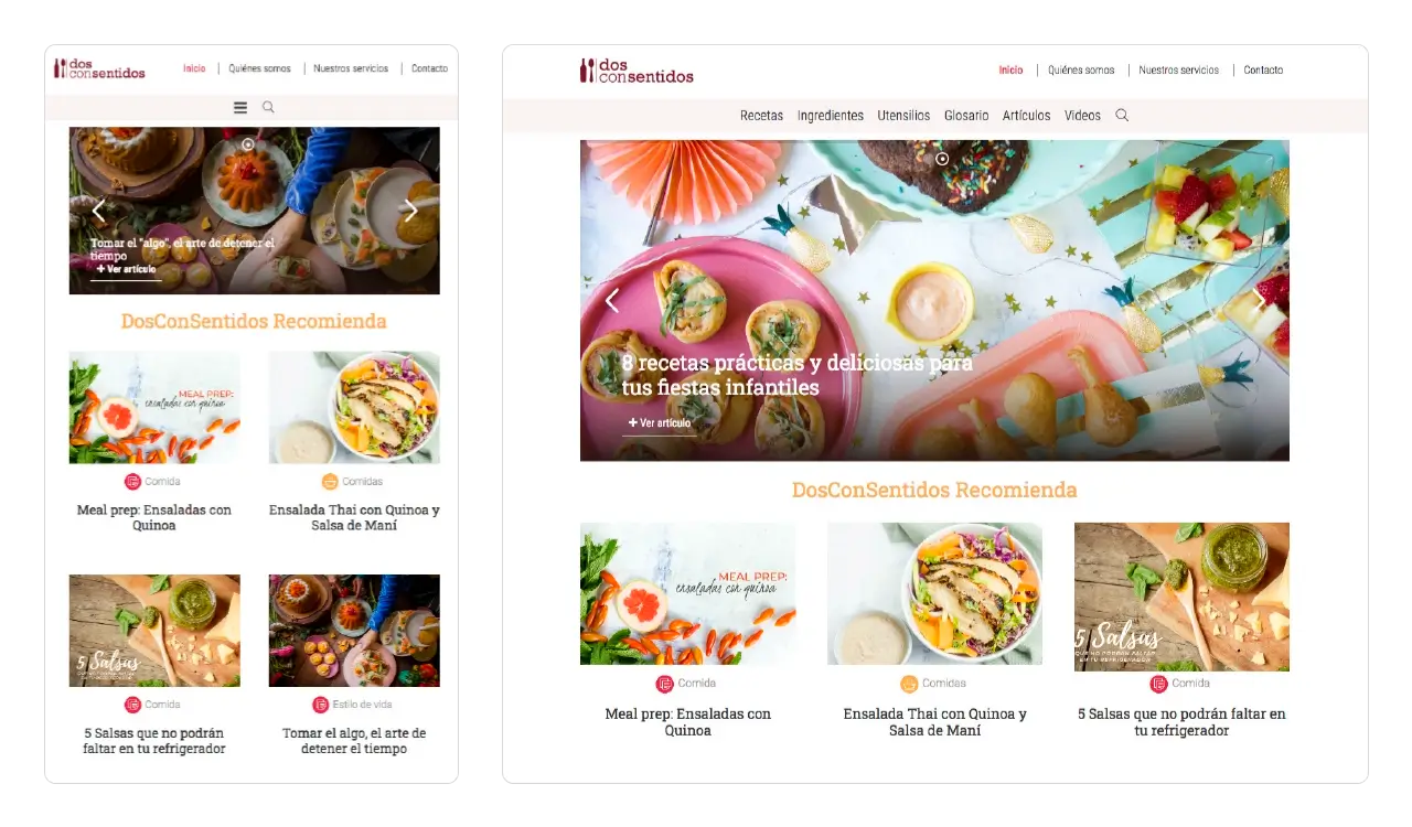 Dos con Sentidos: página de Inicio con diseño adaptativo (desktop y móvil).
