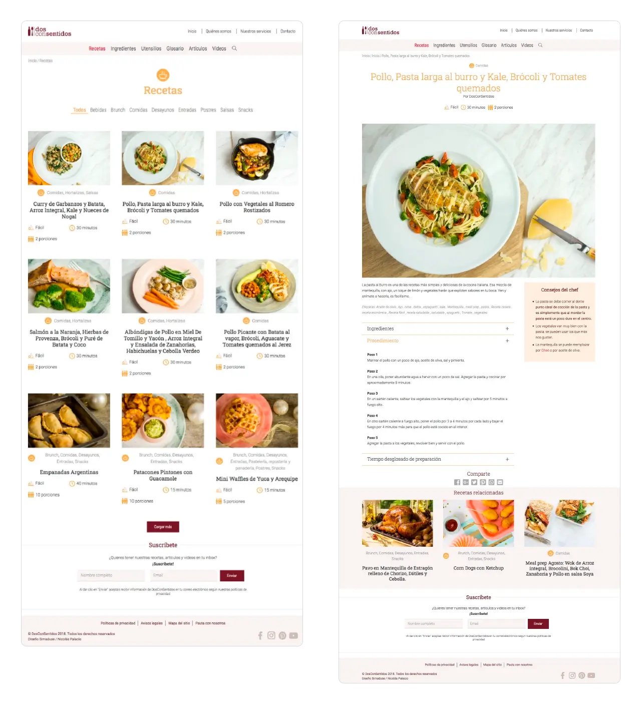 Dos con Sentidos: listado de recetas con filtros y página interna de receta (ingredientes, preparación, tips del chef).