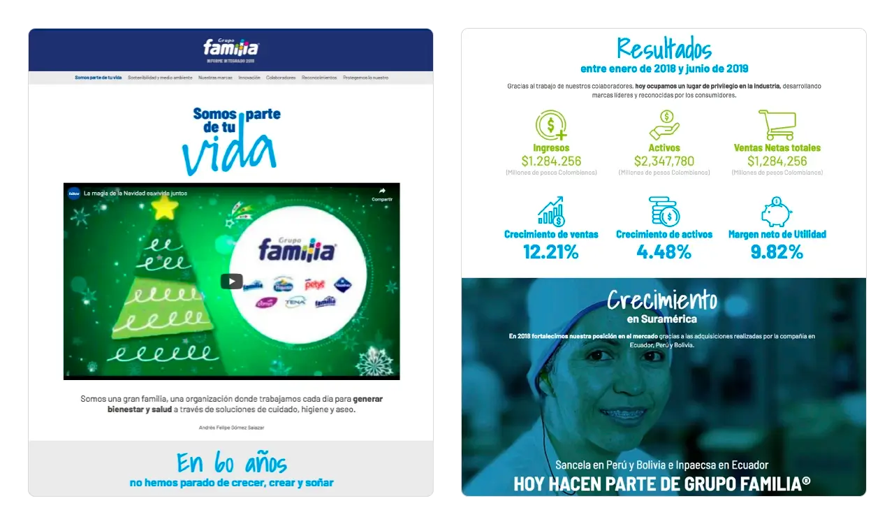 Familia Reporte Integrado 2018: página de inicio (Home) con video institucional y cifras clave del año.