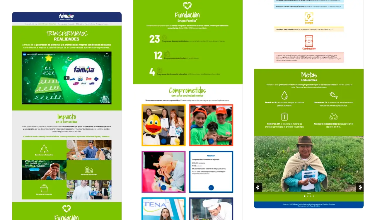 Familia Reporte Integrado 2018: capítulo Sostenibilidad (Transformamos Realidades) con metas y compromiso ambiental.