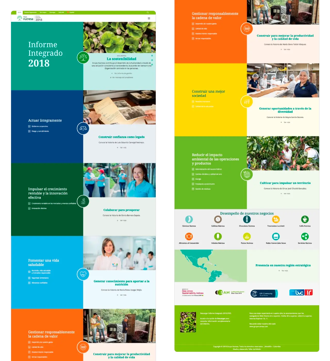Nutresa Informe 2018: adaptación digital del informe impreso (secciones full width y temas materiales).