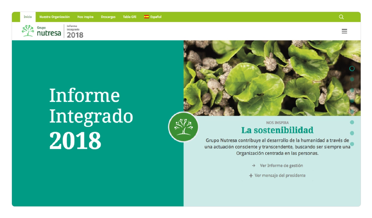 Nutresa 2018: portada de inicio full screen del informe "Nos inspira la sostenibilidad".