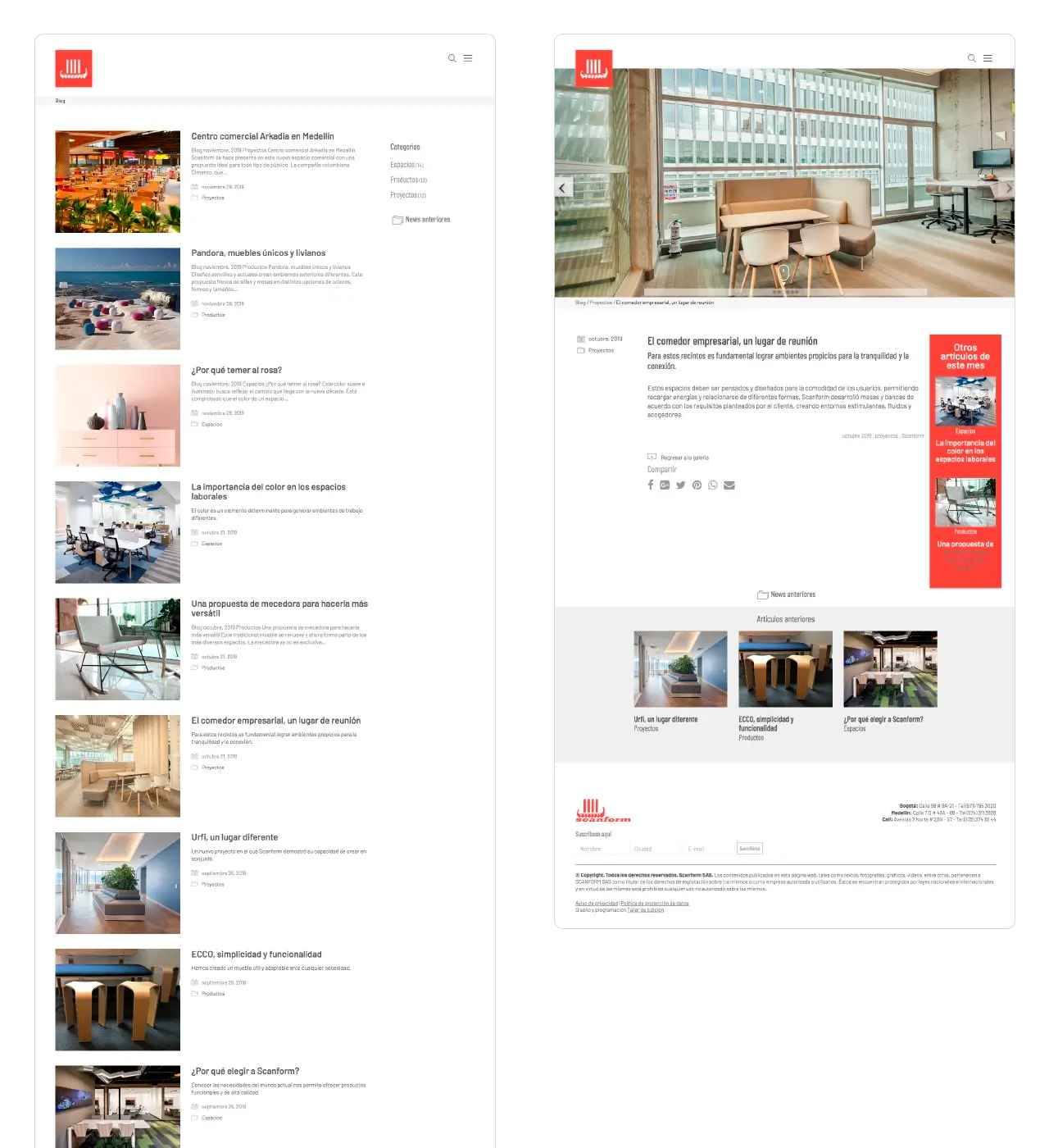 Scanform: página de blog (proyectos, productos, espacios) y artículo interno de proyecto destacado.