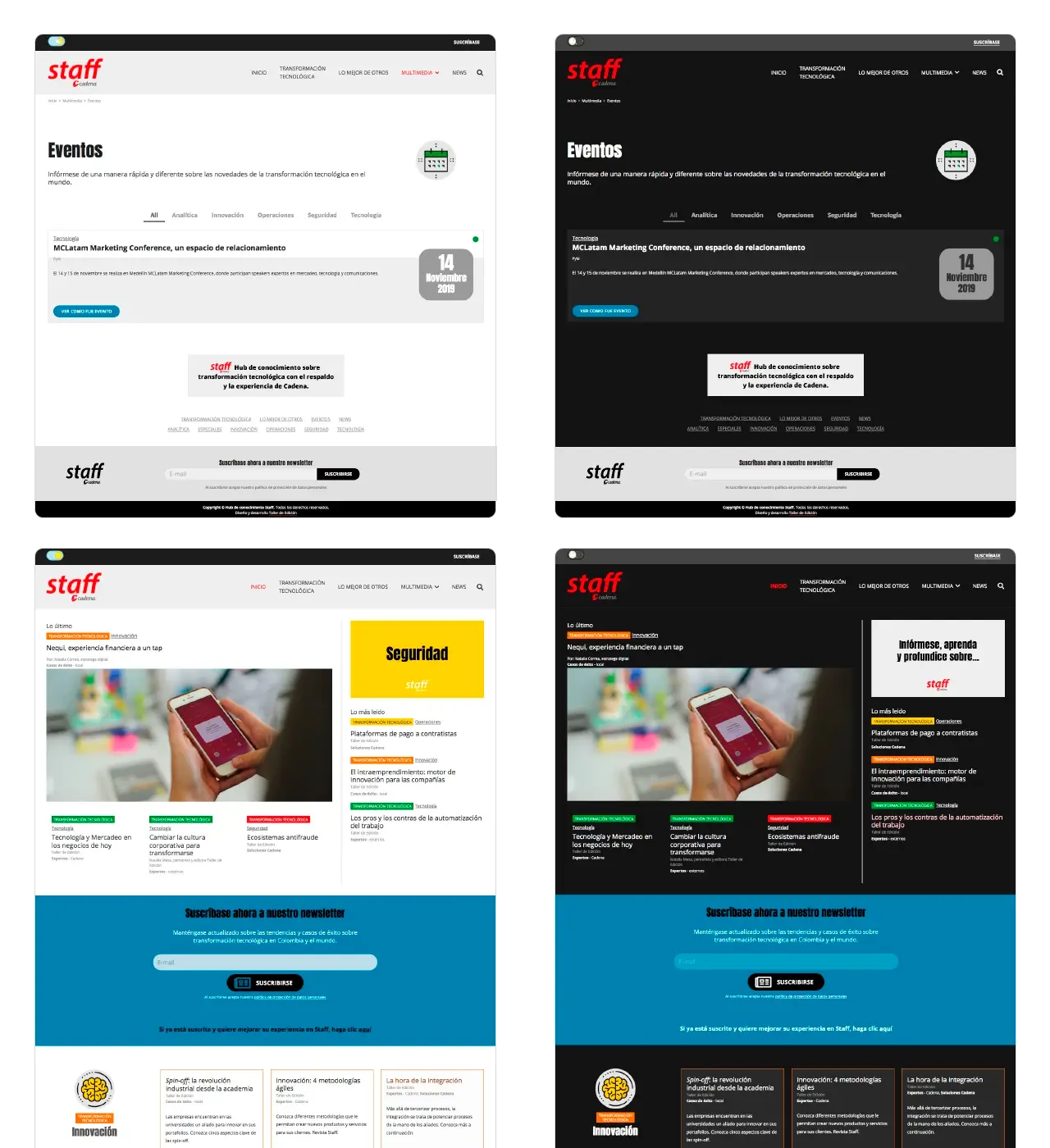 Staff Blog: páginas de eventos e Inicio con vista en modo claro y oscuro (Light/Dark Mode).