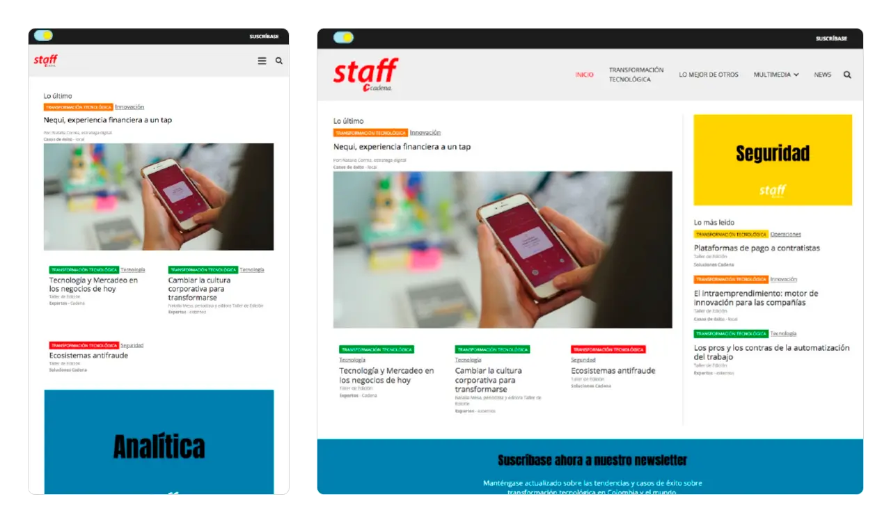 Staff Blog: página de inicio con diseño adaptativo (desktop y móvil) para la experiencia de lectura.