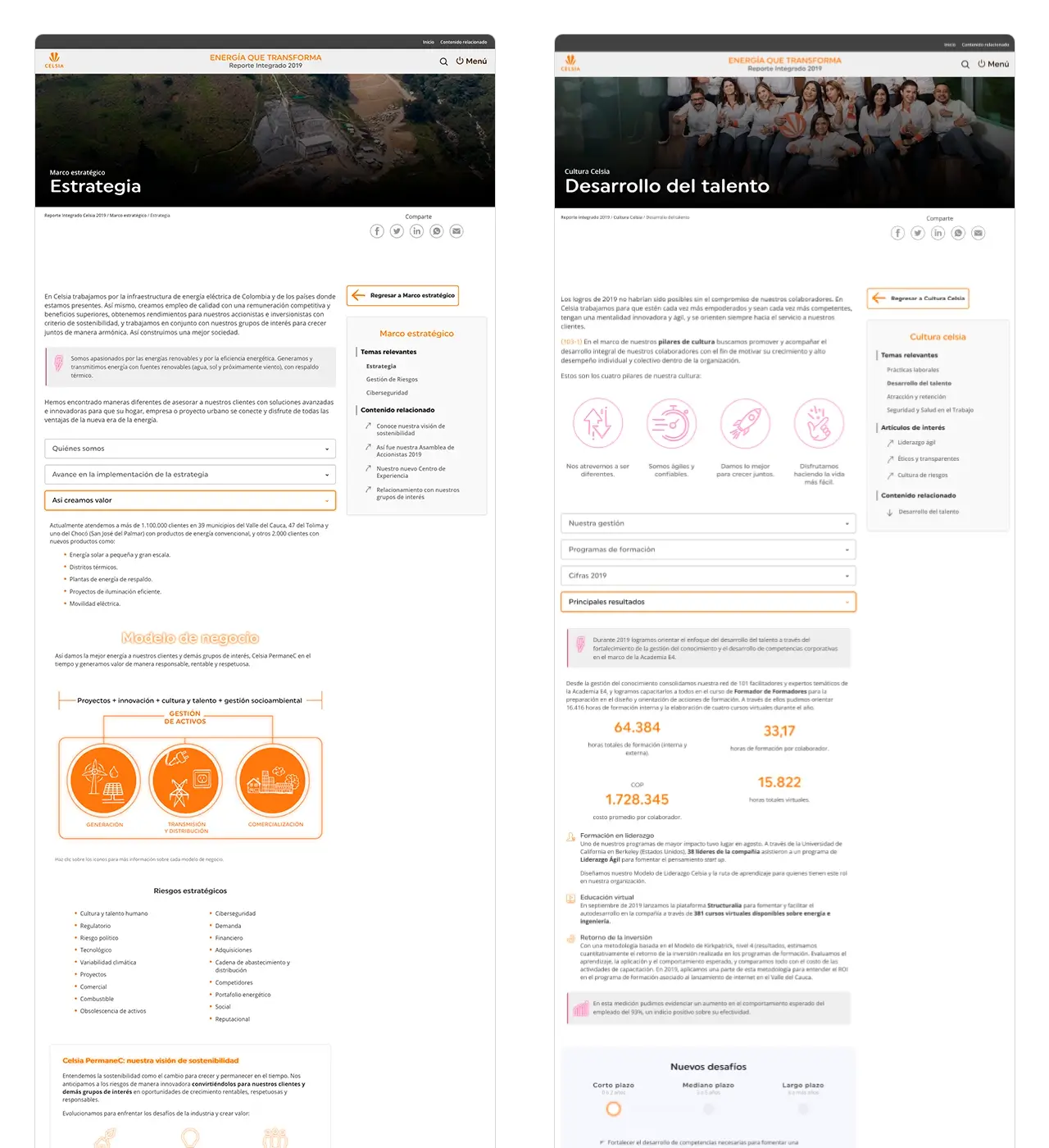 Celsia 2019: páginas internas de Estrategia y Desarrollo de Talento (uso de acordeones y efecto neón).
