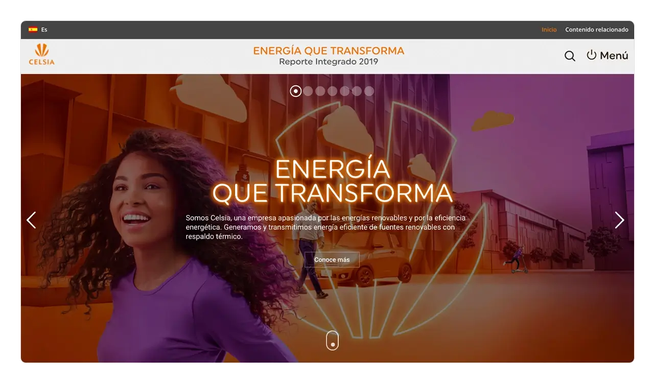 Celsia 2019: portada del reporte "Energía que transforma" con efecto neón y slider full screen.