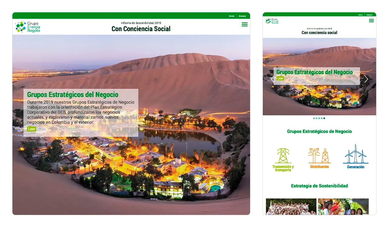 GEB Informe 2019: página de inicio (Home) con diseño adaptativo (desktop y móvil).