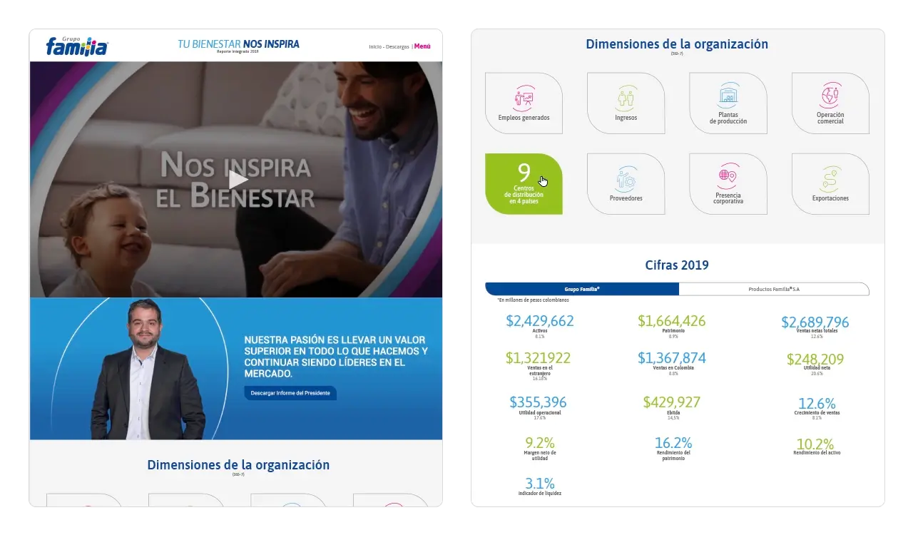 Familia Reporte 2019: página de inicio (Home) con video full screen, carta del presidente y cifras destacadas.