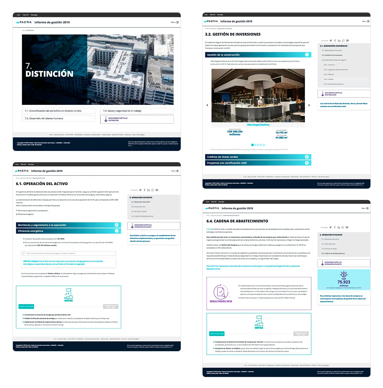 Pactia Informe 2019: desarrollo de capítulos internos (Distinción, Operación Eficiente, Desempeño Económico).