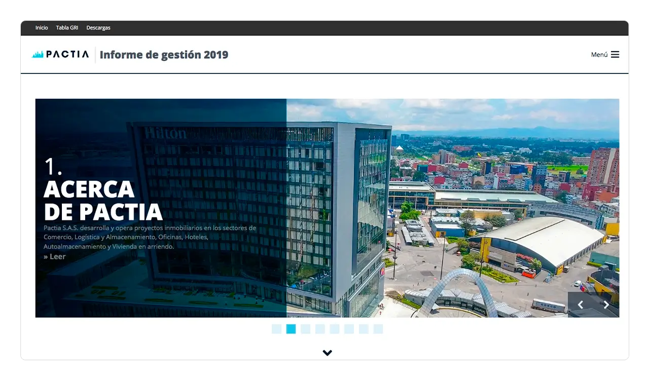 Pactia Informe 2019: página de Inicio con slider de capítulos numerales y submenús.