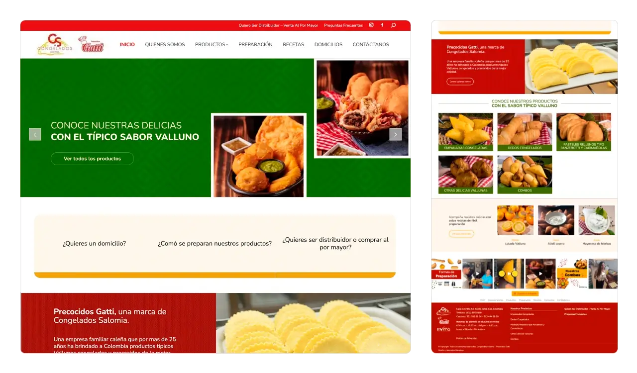 Precocidos Gatti: página de inicio (Home) con slider de productos, rejilla de productos y blog de recetas.