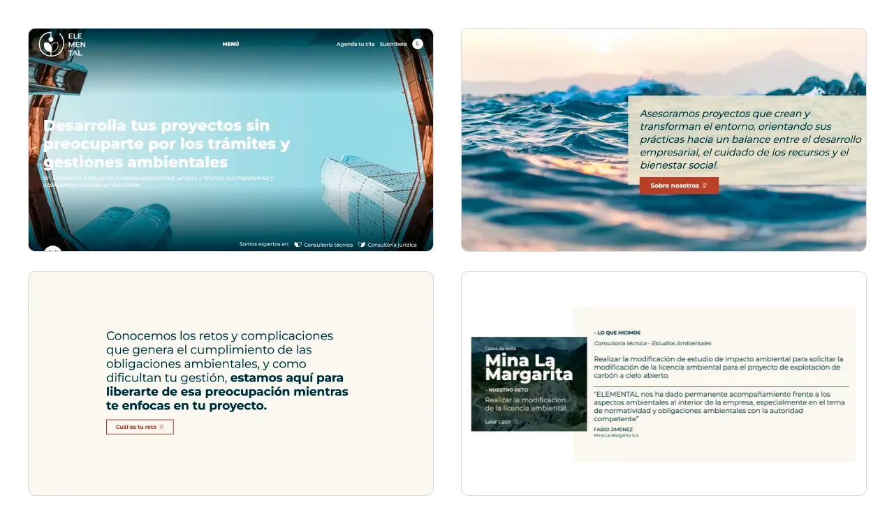 Elemental: secciones de la página de inicio (Home) con carrusel de casos de éxito y retos de proyectos.