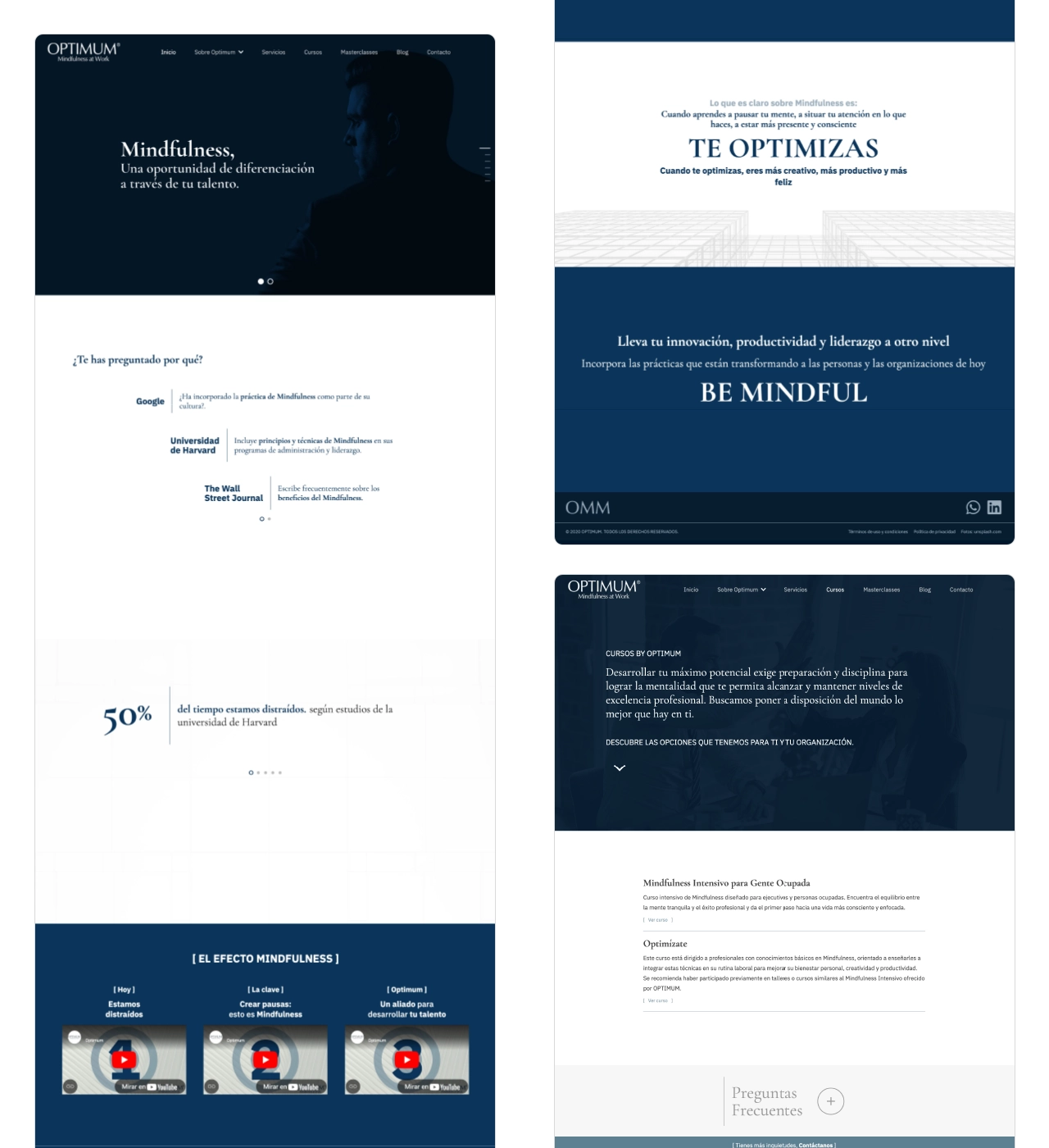 Optimum: página de inicio (Home) con narrativa full screen sobre Mindfulness y optimización laboral.