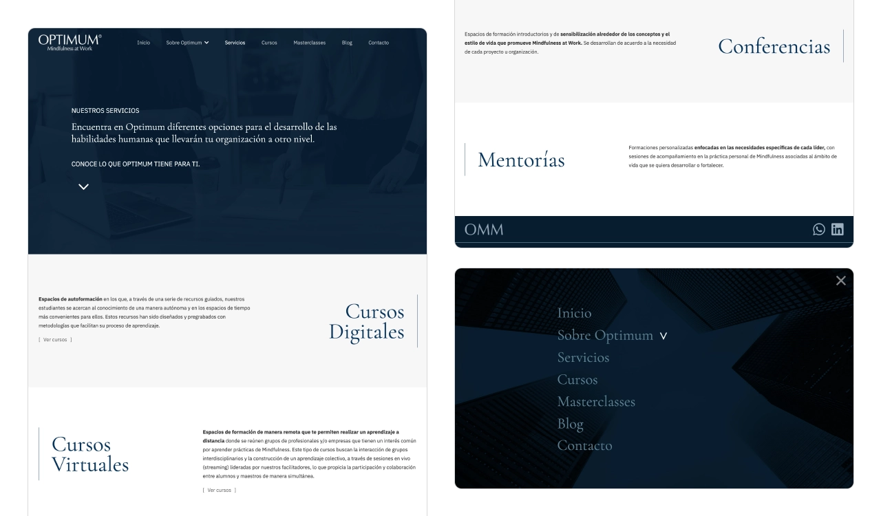 Optimum: Listado de servicios (cursos, conferencias, mentorías) y menú full screen de navegación.