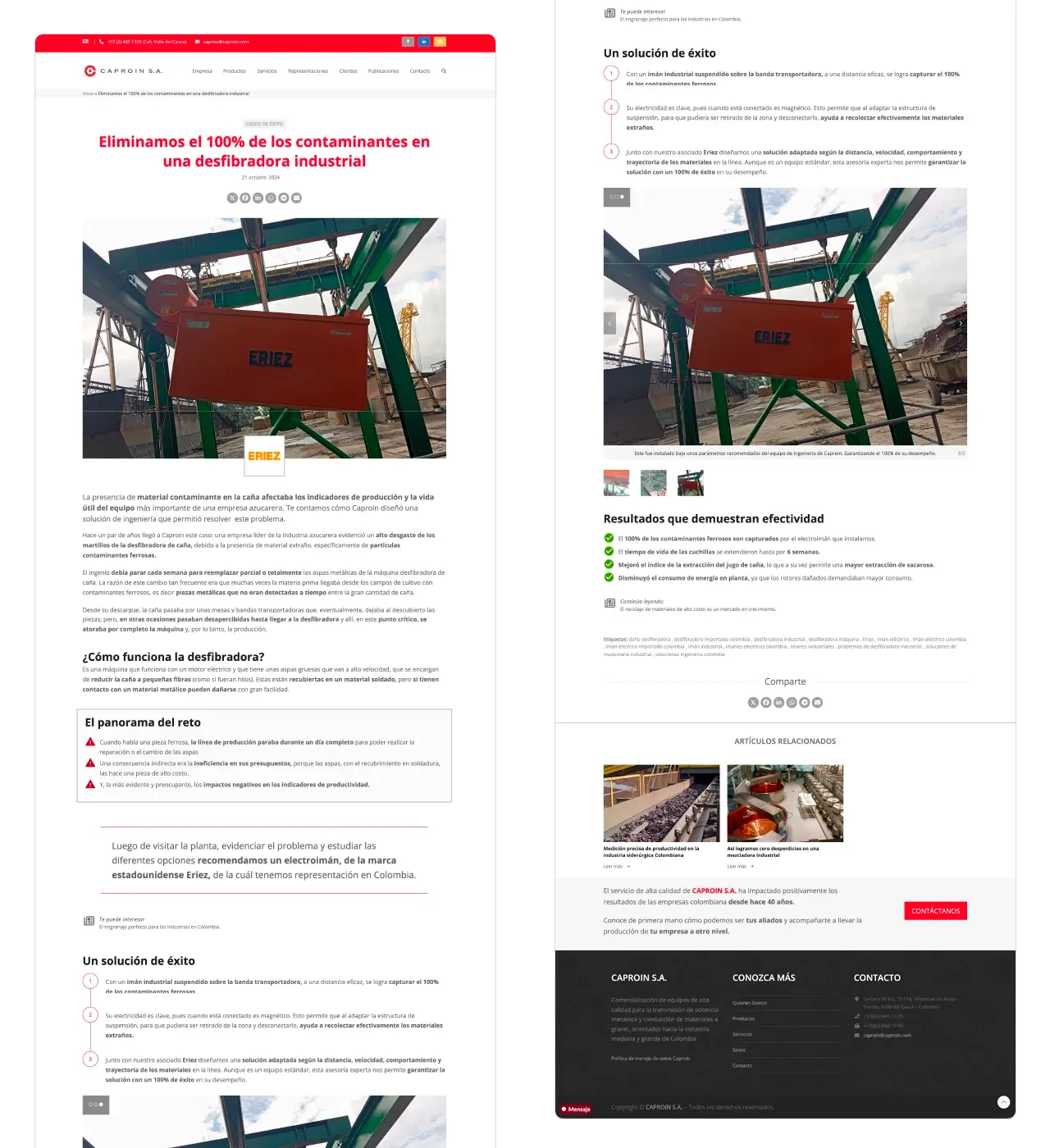Caproin: desarrollo de una página de Caso de Éxito sobre la eliminación de contaminantes ferrosos.
