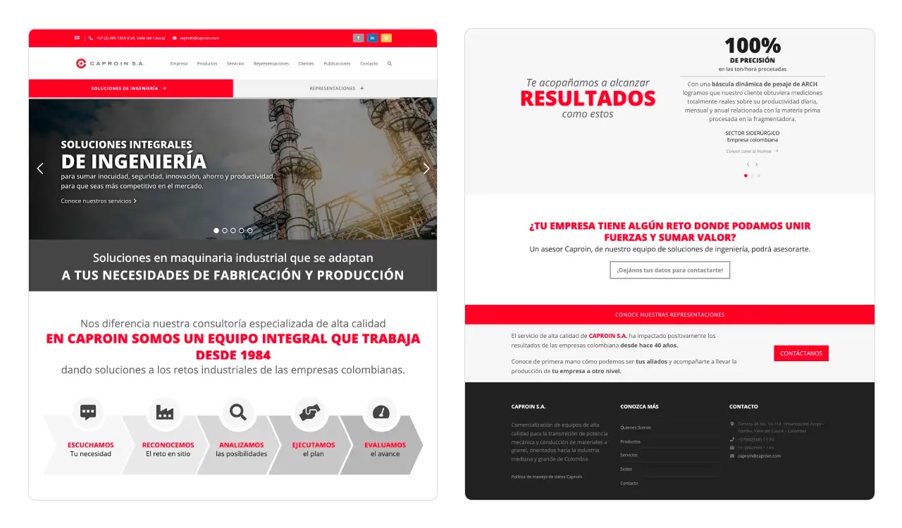 Caproin (rediseño): página de inicio enfocada en Soluciones de Ingeniería (slider de servicios, resultados y CTA).