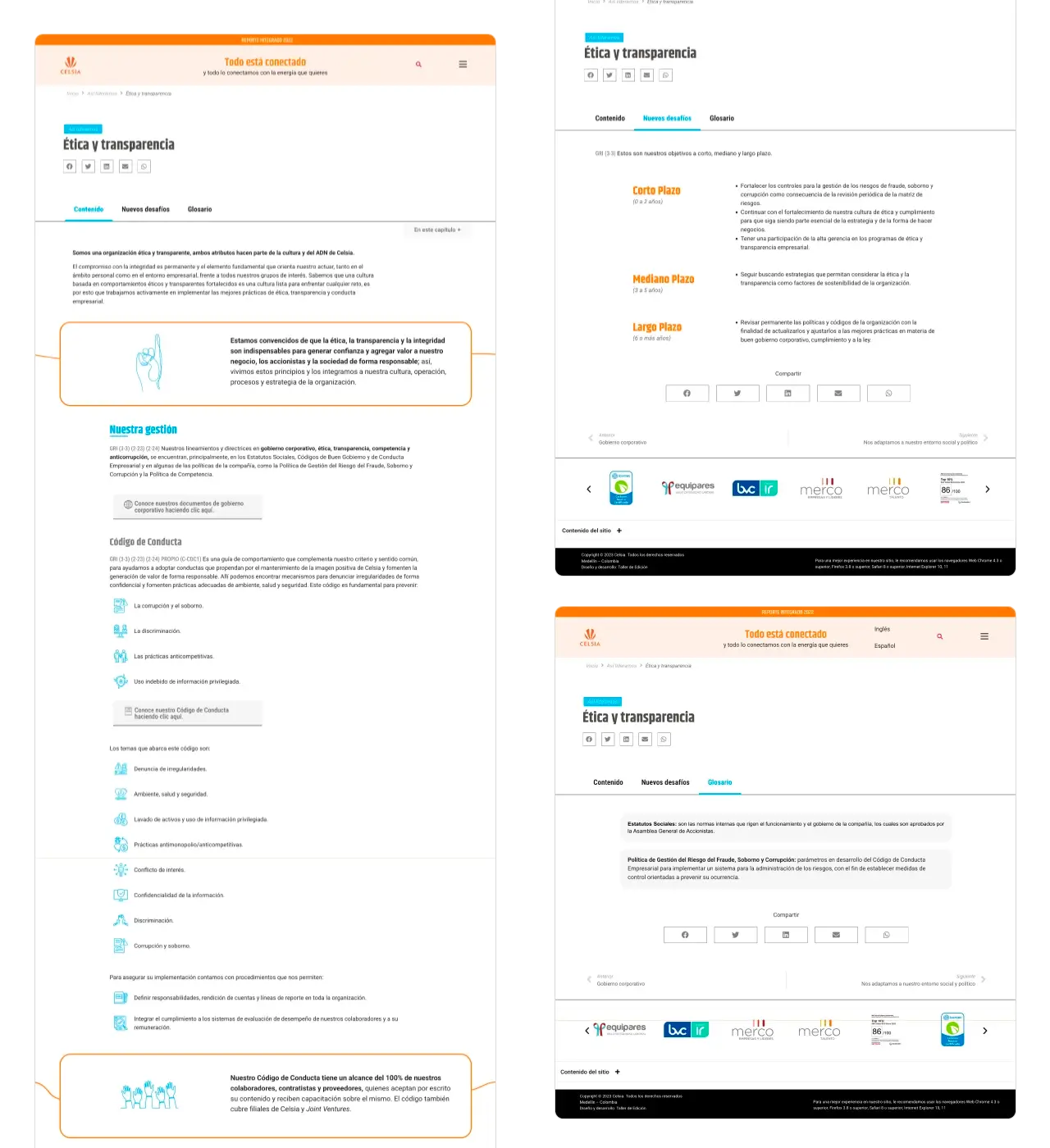 Celsia 2022: página interna de Ética y Transparencia (uso de tabs para contenido, desafíos y glosario).