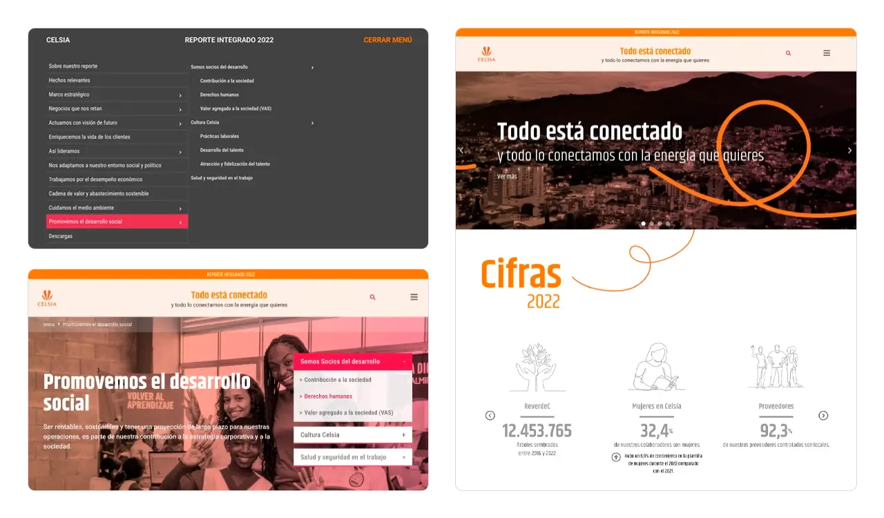 Celsia 2022: megamenú full screen, página de inicio (cifras clave) y portada de Desarrollo Social.