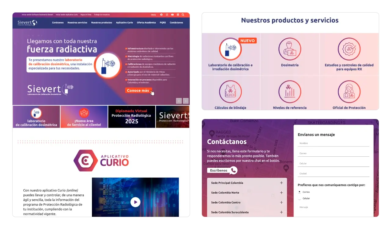Sievert Colombia: página de inicio (Home) con slider, rejilla de servicios y formulario de contacto.