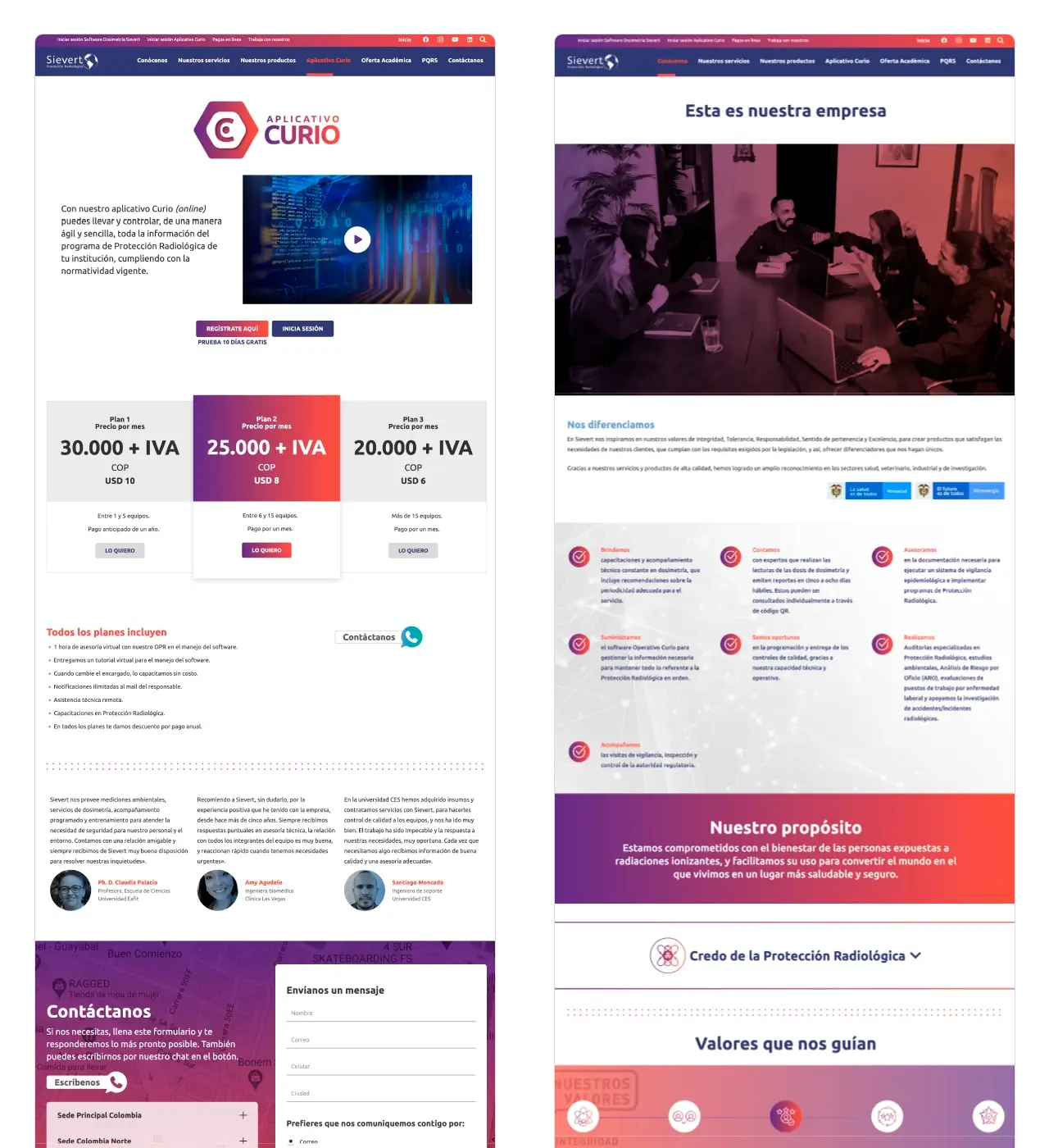 Sievert Colombia: páginas internas de Aplicativo Curio (planes y testimonios) y Nuestra Empresa (misión, visión, credo).