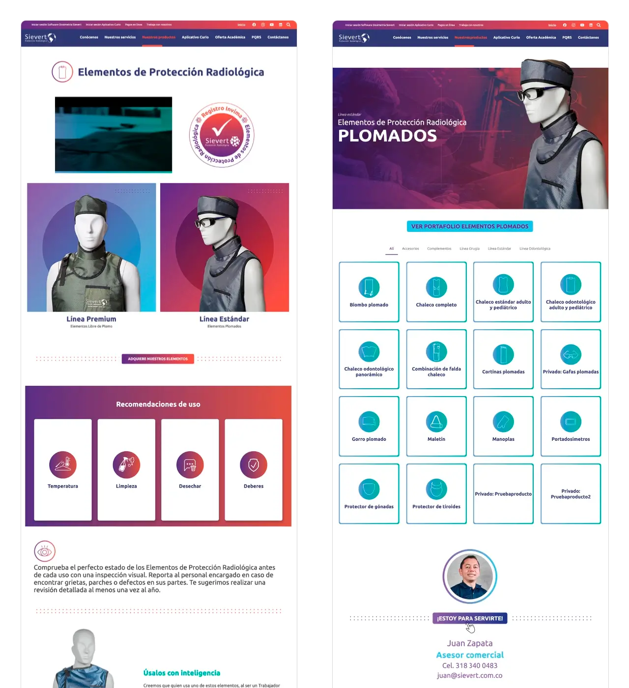 Sievert Colombia: páginas de productos (plomados vs. libres de plomo) y elementos plomados (especificaciones y CTA).