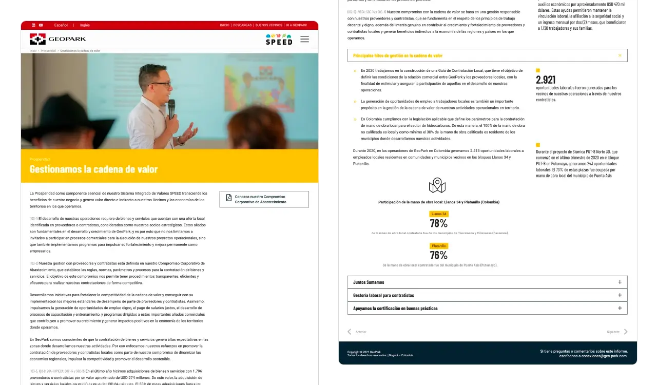 GEOPARK 2020: página interna de Gestión de la Cadena de Valor con acordeones y contadores animados.