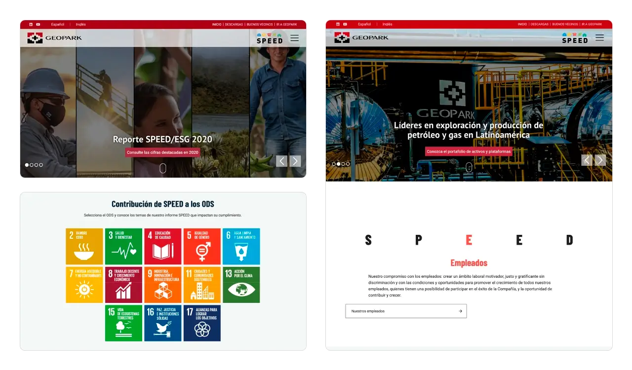 GEOPARK 2020: página de inicio con slider principal, contribución a ODS y capítulos SPEED.