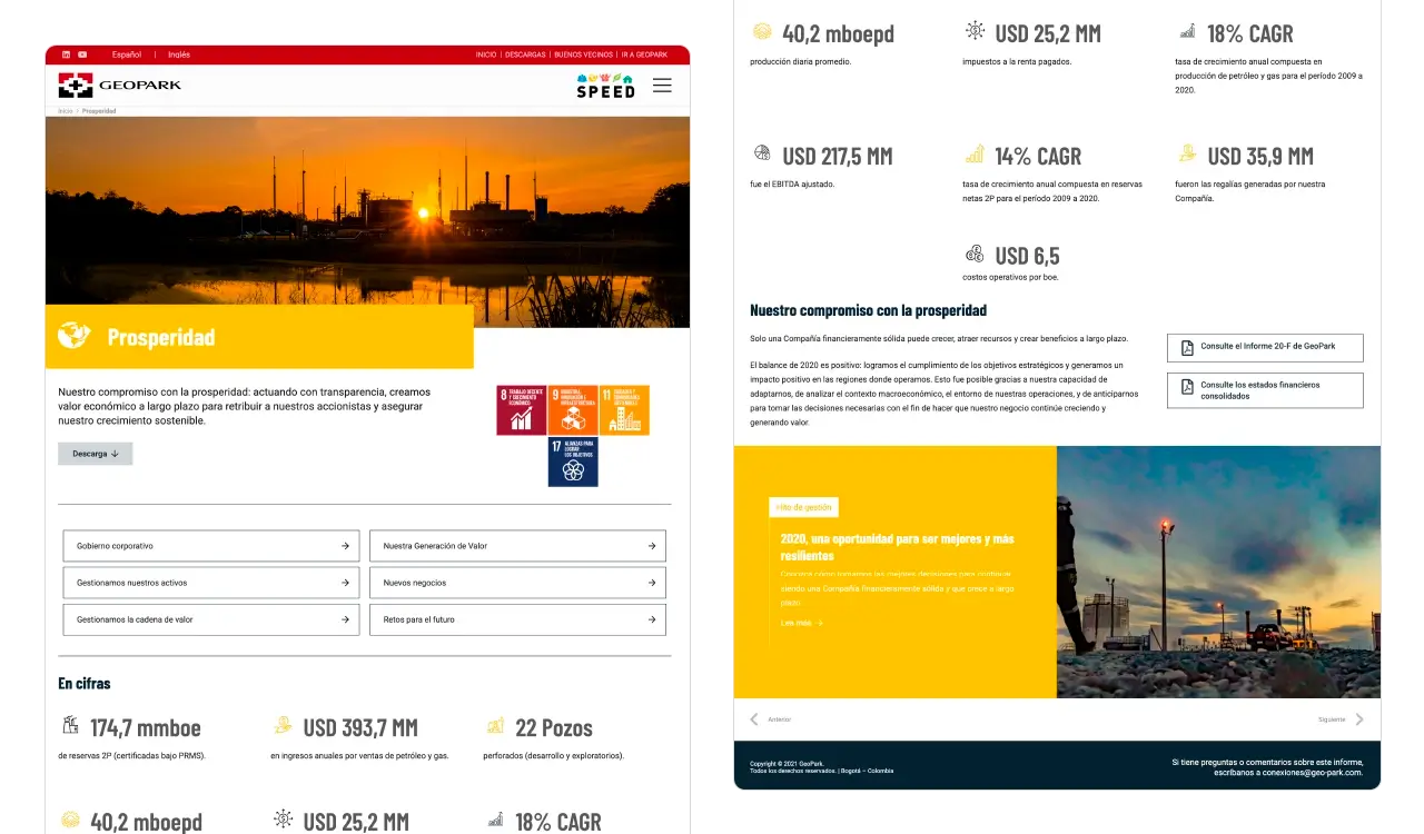 GEOPARK 2020: portada del capítulo Prosperidad (ODS, cifras destacadas y navegación interna).