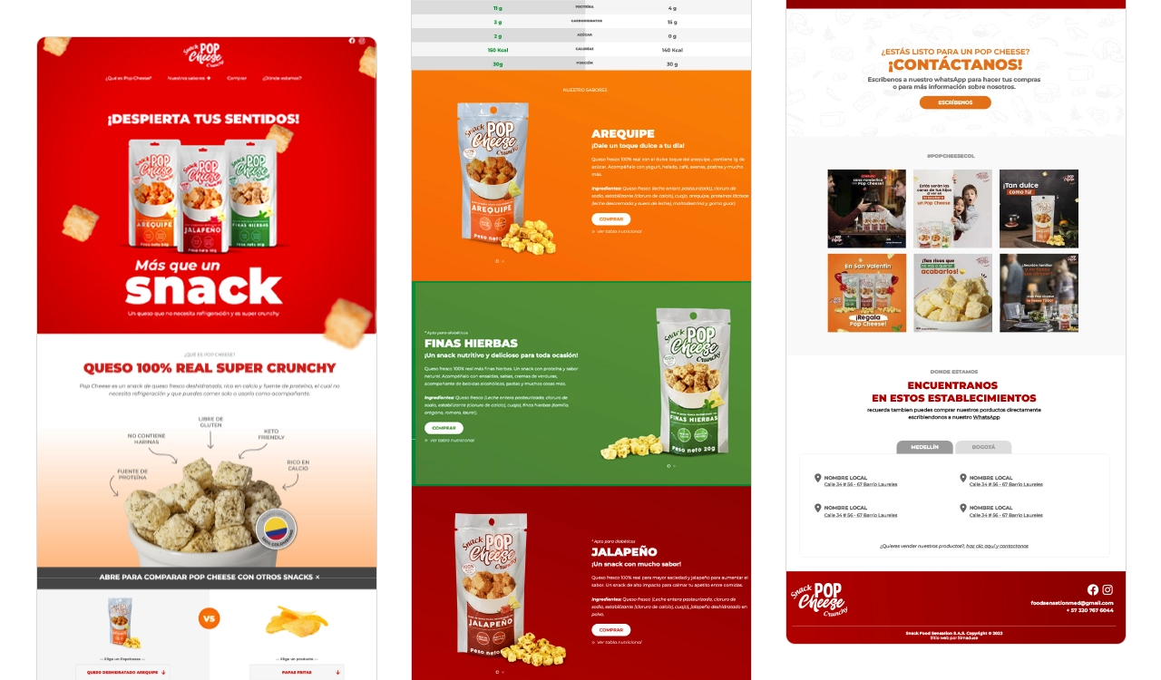Pop Cheese: página One Page con presentación de sabores, comparativa de producto y call to action.