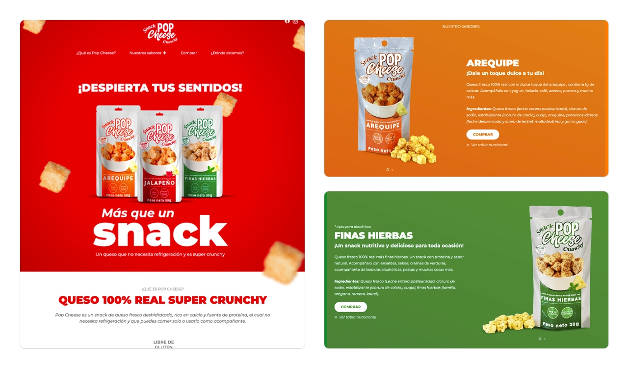 Pop Cheese: portada de inicio y detalle de sabores (arequipe y finas hierbas).