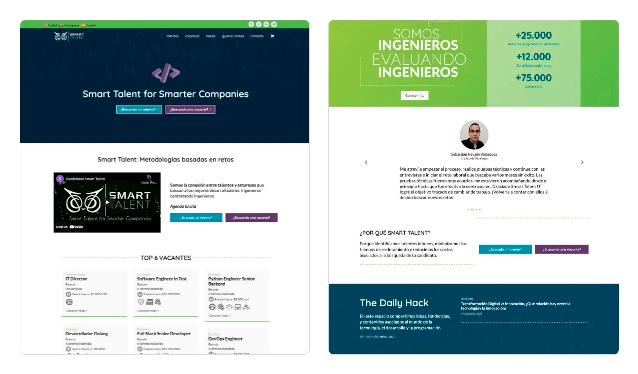 Smart Talent: página de inicio (Home) con segmentación para talentos y empresas.