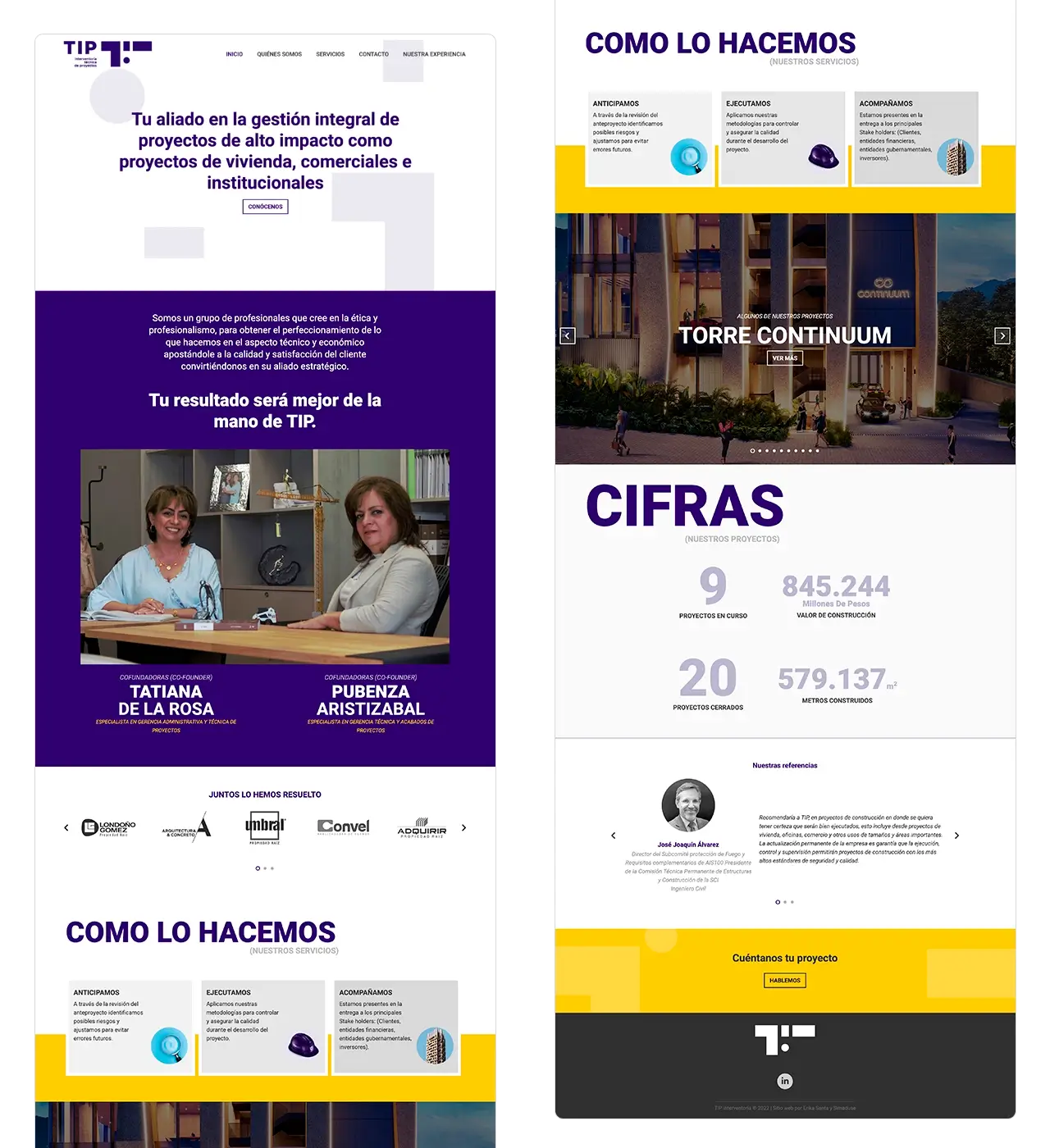 Tip Interventoría: página de inicio extendida (creadoras, cifras, servicios y casos de éxito).