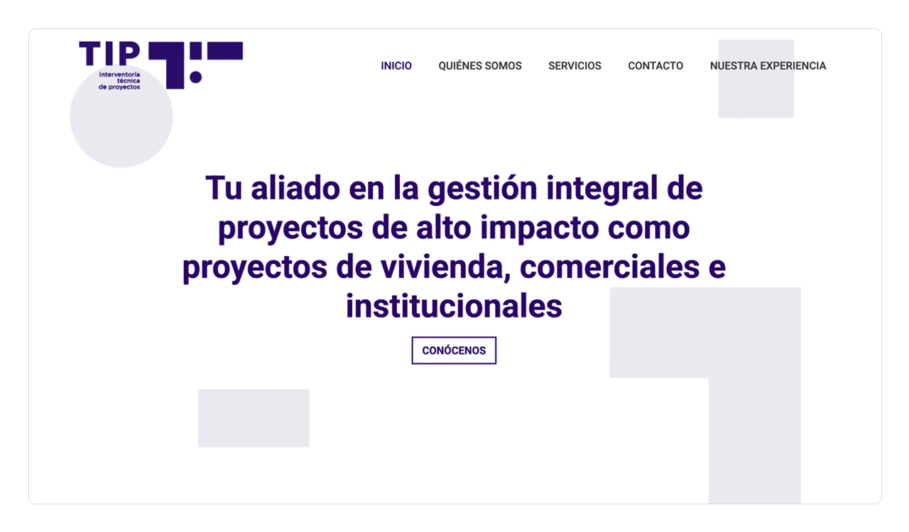 Tip Interventoría: página de inicio minimalista con animación geométrica y texto introductorio.