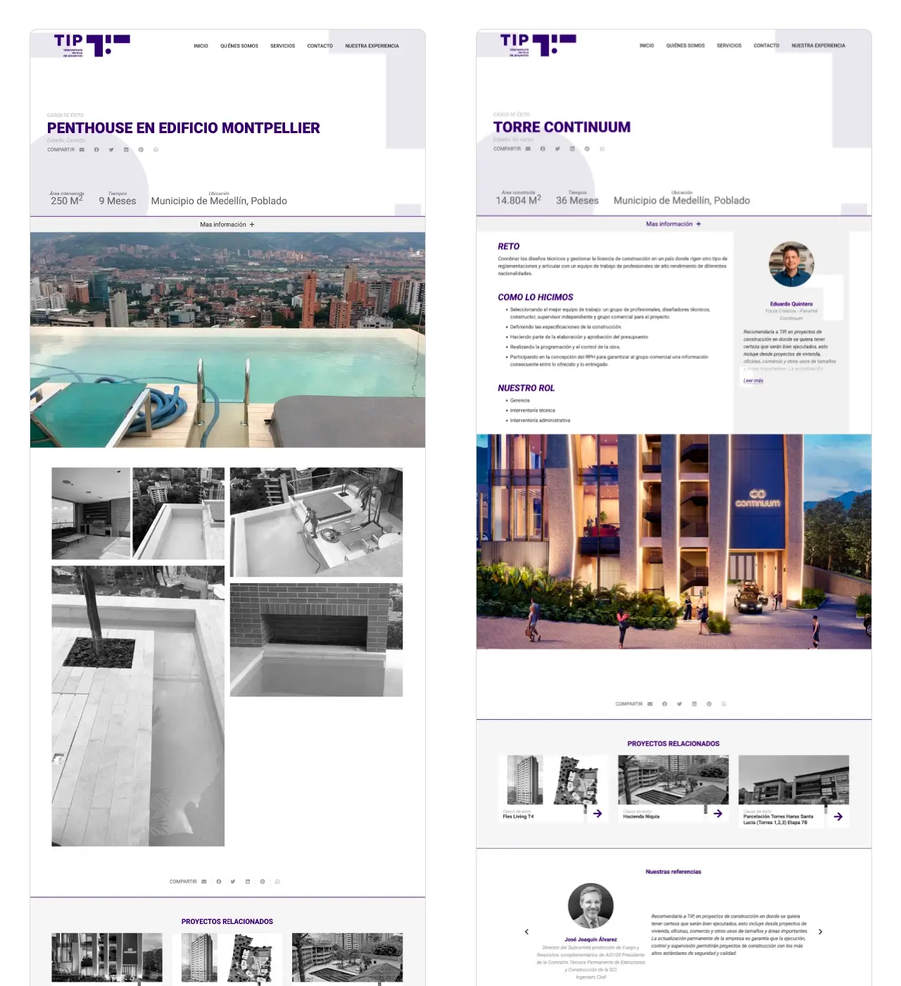 Tip Interventoría: vista de portafolio de proyectos (acordeón con retos, solución y testimonio).
