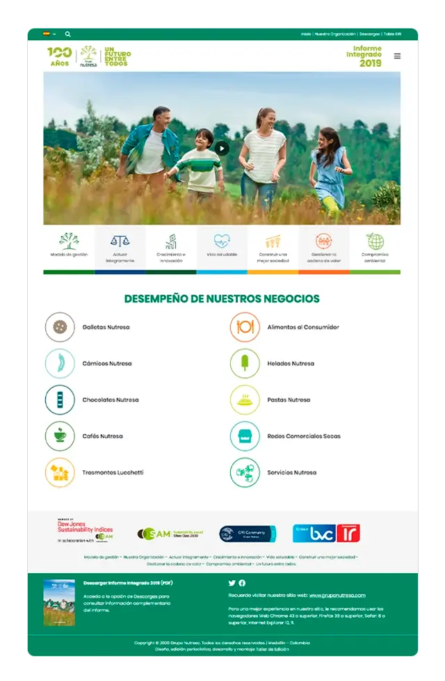 Nutresa Informe 2019 (100 años): adaptación digital de la página de inicio con video y desempeño de negocios.