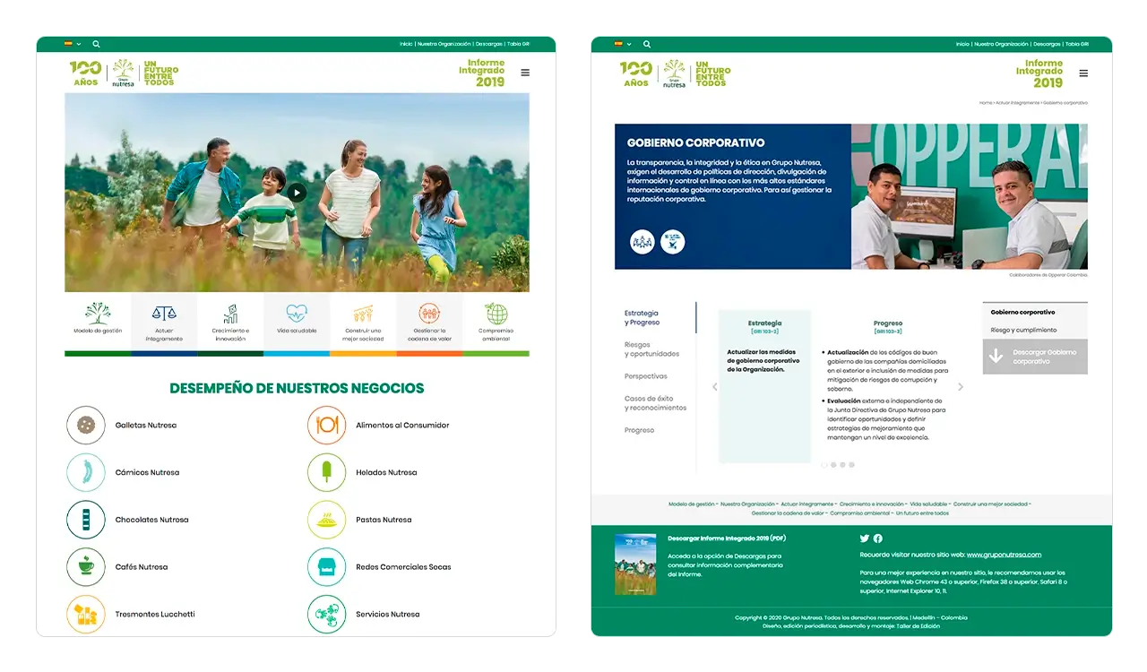 Nutresa 2019: comparación de Home y la portada del capítulo Gobierno Corporativo (uso de tabs).