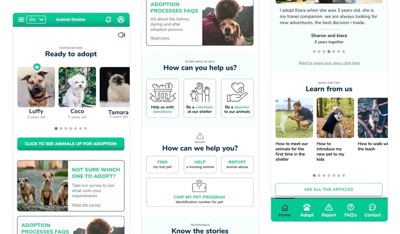 App For Ever Home (experimental): pantalla de inicio con opciones de adopción, voluntariado y reporte.