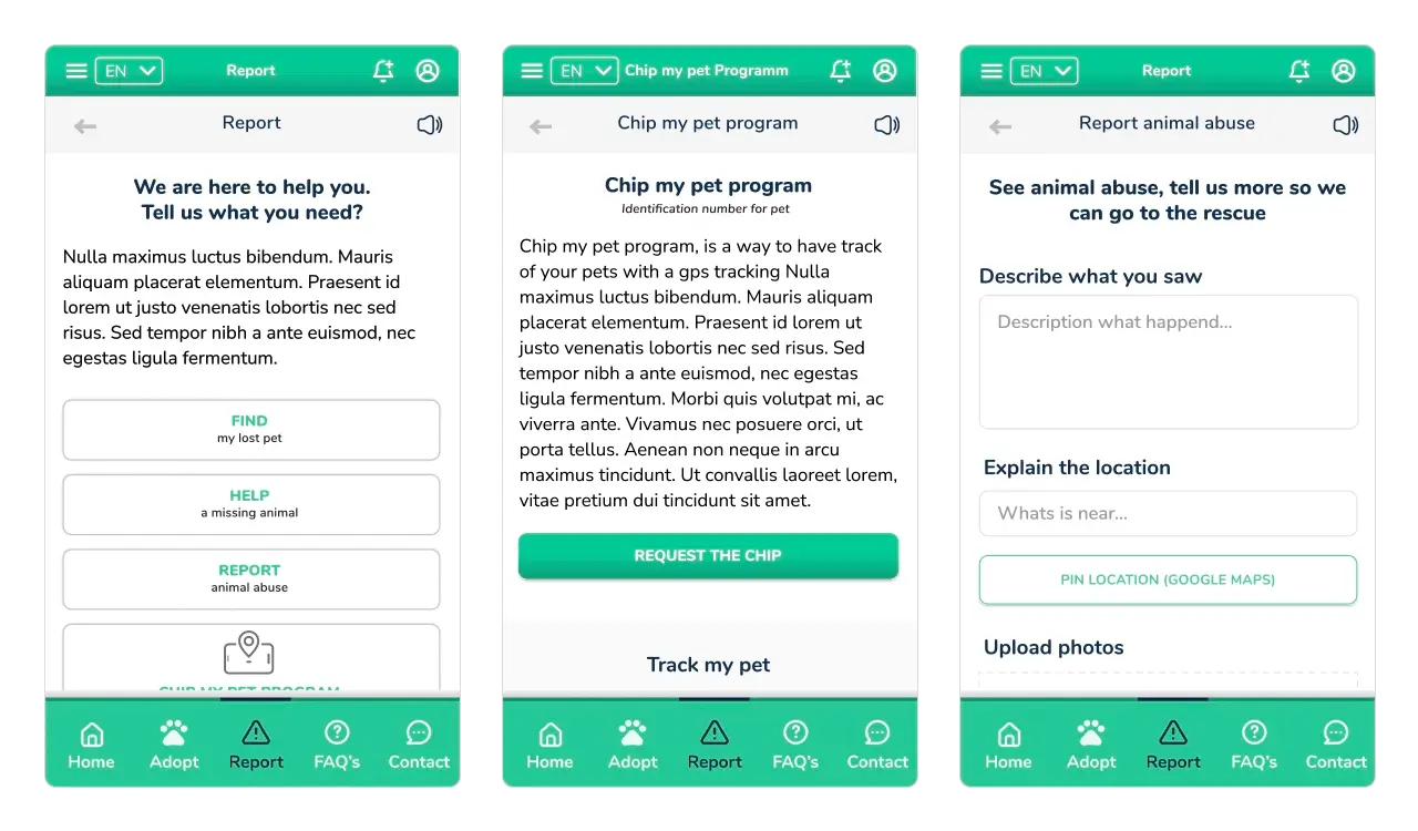 App For Ever Home (experimental): flujo de servicio para reporte de abuso y programa chip my pet.