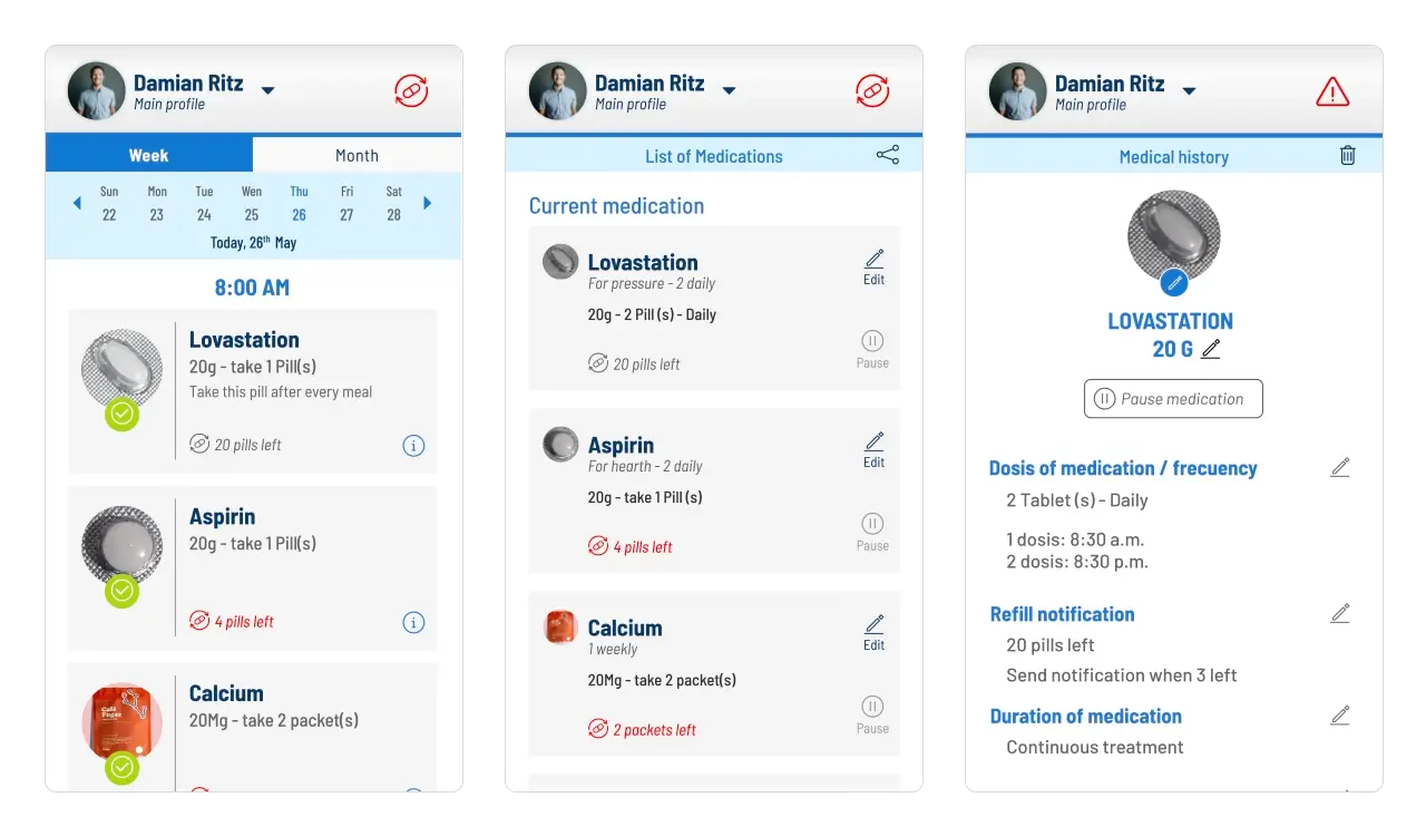 App MedTrack (experimental): pantallas de control de medicamentos (listado diario, inventario y detalle de pastilla).