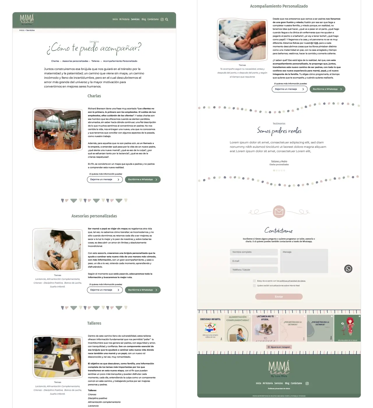 Sitio web Mamá Real: página de Servicios para padres reales con formulario de contacto y botón de WhatsApp.