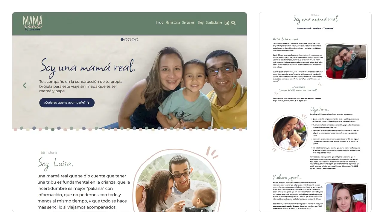 Mamá Real: página de inicio con slider de contenidos y presentación personal de Luisa Mora.