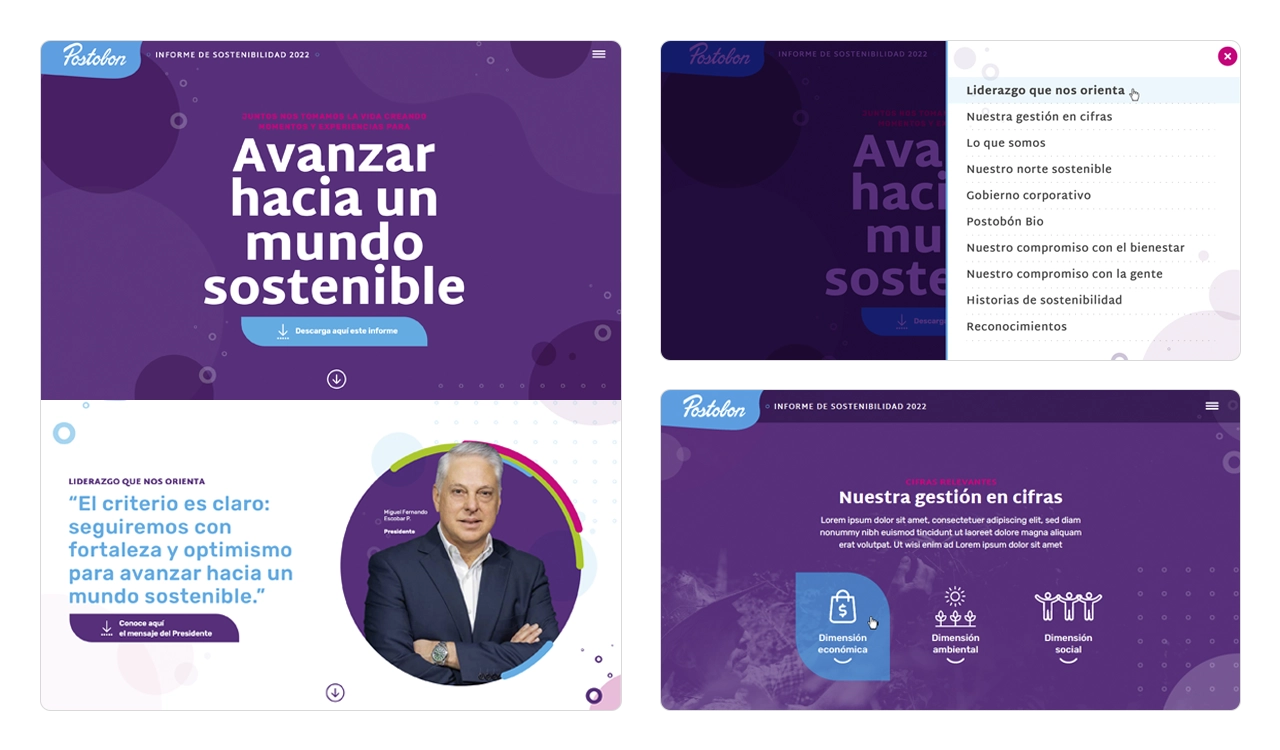 Portada del Informe de Sostenibilidad Postobón 2022 en formato One Page con menú lateral.