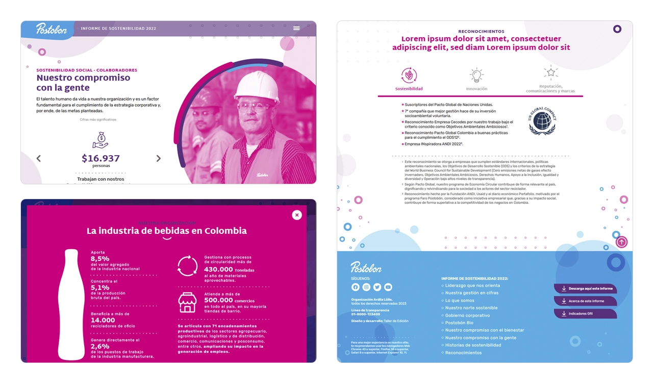Informe Postobón 2022: uso de carrusel y tabs para cifras sociales y reconocimientos.