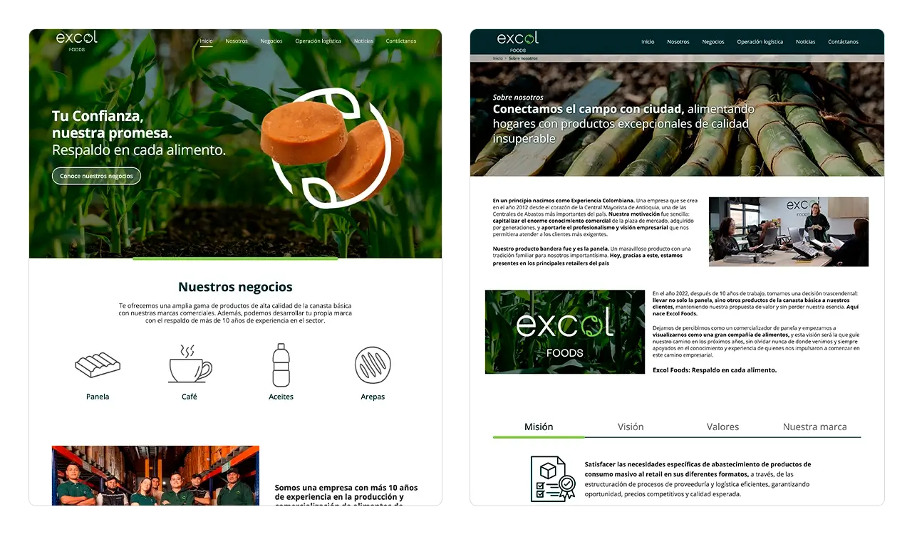 Excol Foods: vistas de Home con hero banner y la página Quiénes Somos (misión, visión y marca Del Campo).