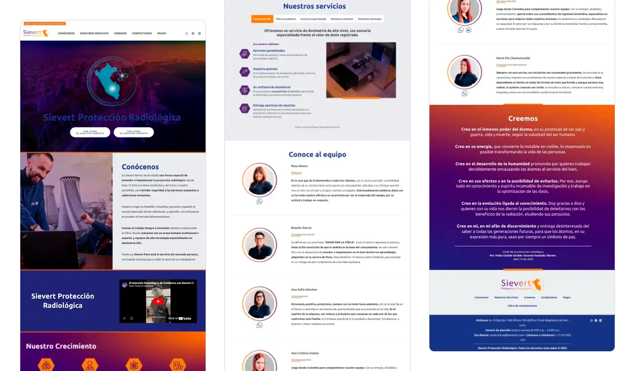 Sievert Perú: vista completa de la One Page (servicios, equipo de contacto y credo radiológico).